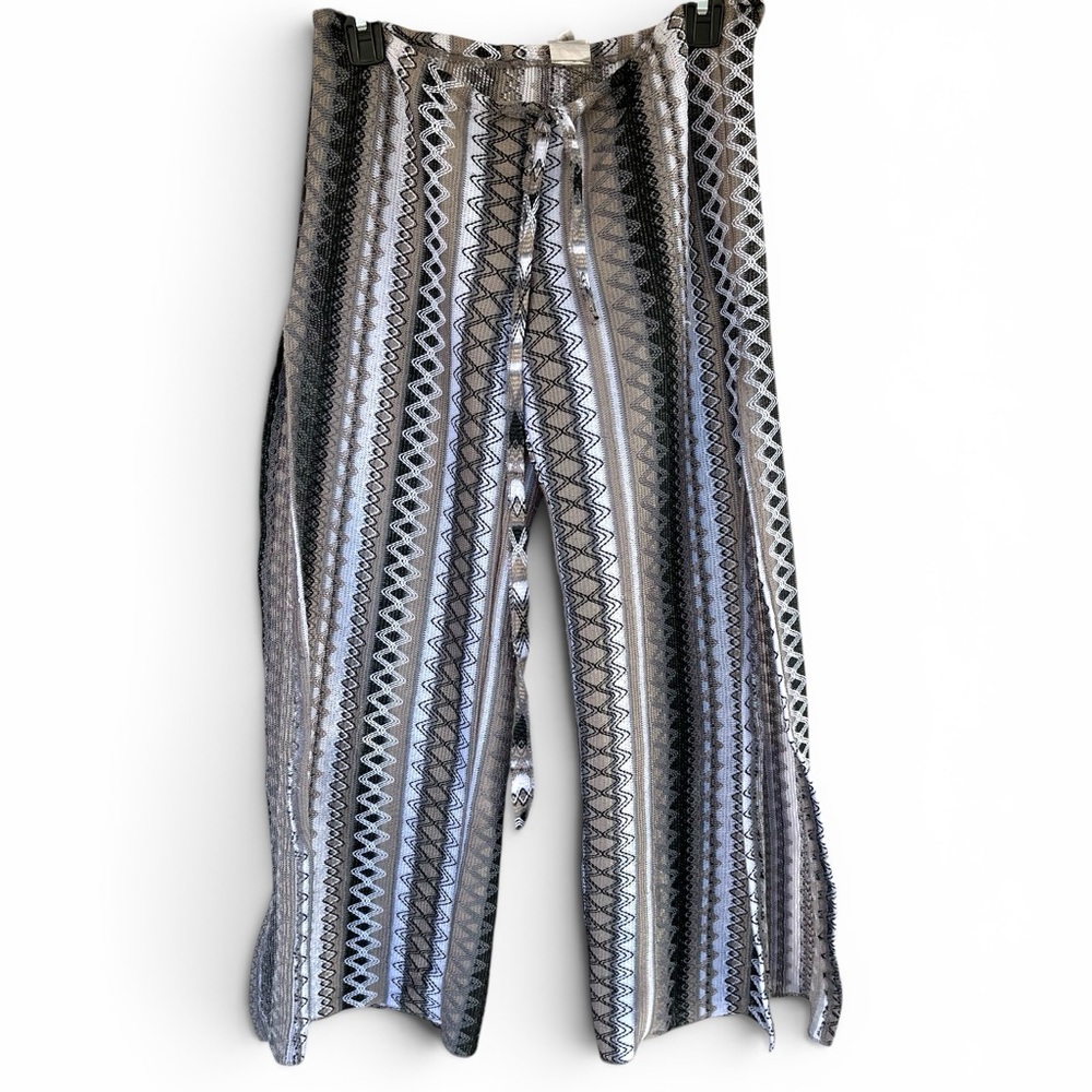 Becca crochet swimsuit cover up pants small brown and white split sides